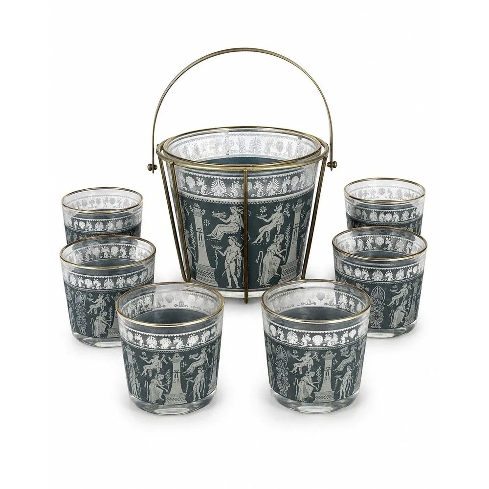 Vintage Greek Key Ice Bucket & 6 Rocks Glasses Grecian Gods MCM Barware Set